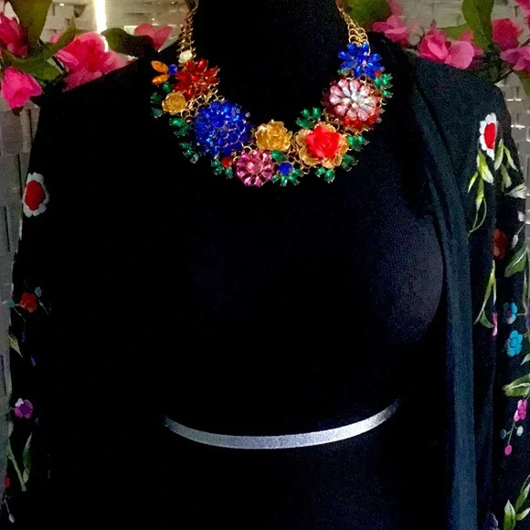 Floral Rhinestone Blue Red Pink Statement Necklace Flower Crystal Multicolor New - Picture 3 of 9